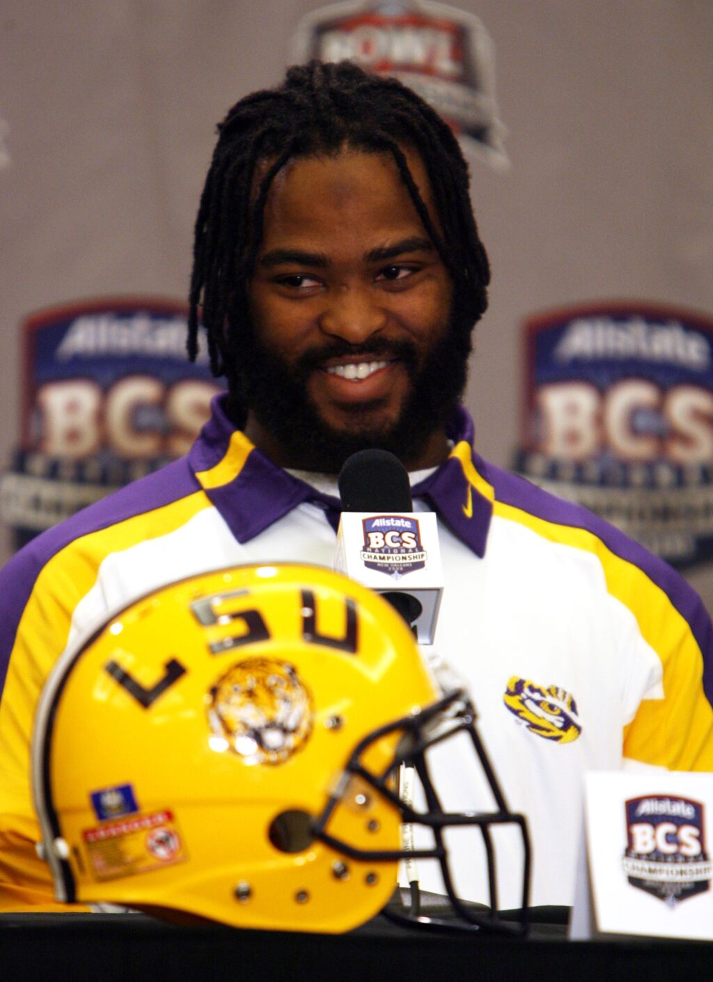 Louisiana State University linebacker Ali Highsmith talks to the media during a news conference in New Orleans